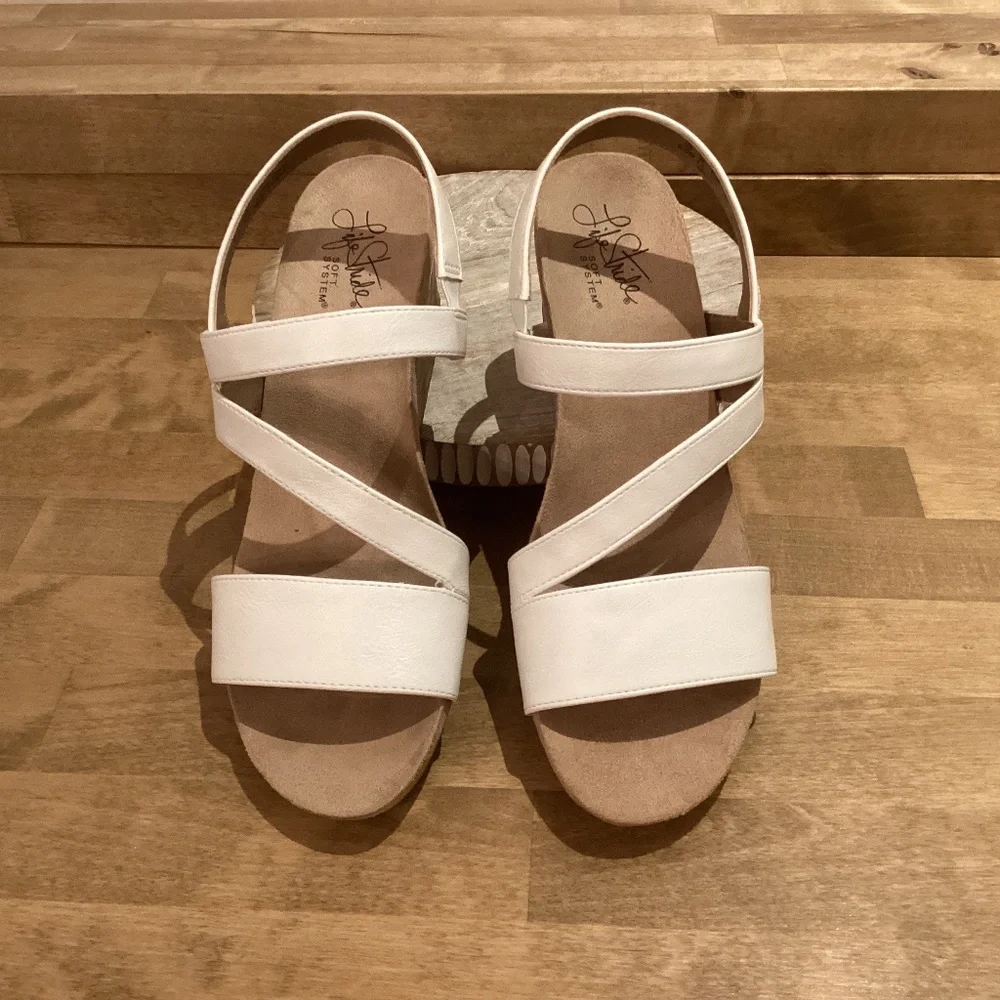 Life Stride Milly Cork Wedge White Straps Sandal Size 6.5M - Picture 1 of 8